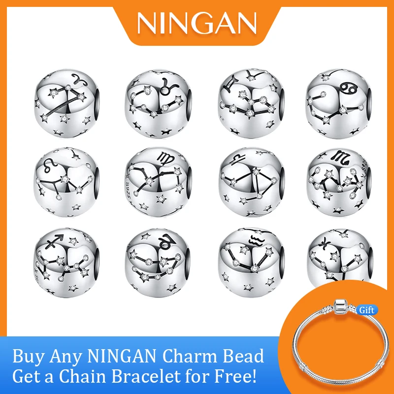 

NINGAN 925 пробы серебряные шармы бусины DIY двенадцать созвездий Знаки зодиака подходят для женского браслета ожерелье