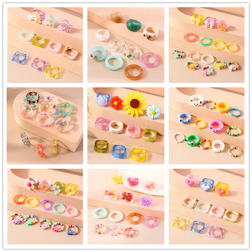 Aihua Koreanische Bunte Blume Ring Sets Böhmen Handgemachte Multi Perlen Reis Perlen Finger Ring Für Frauen Strand Schmuck Geschenke