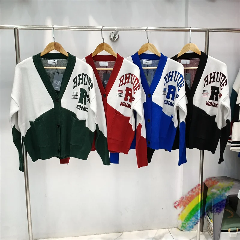 

Red Green Black Blue Colorblock Rhude V-Neck Knitted Cardigan Men Women Jacquard Rhude Sweater Inside Tags