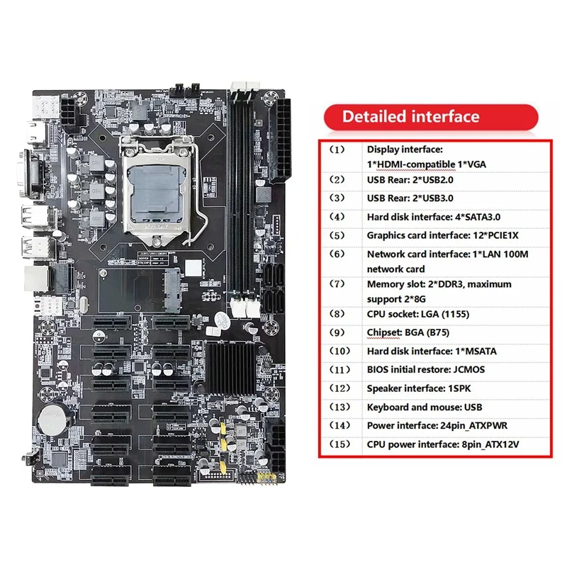 B75 12 PCIE ETH Mining Motherboard+G540 CPU+SATA Cable+Switch Cable LGA1155 MSATA DDR3 B75 BTC Miner Motherboard best motherboard for home pc