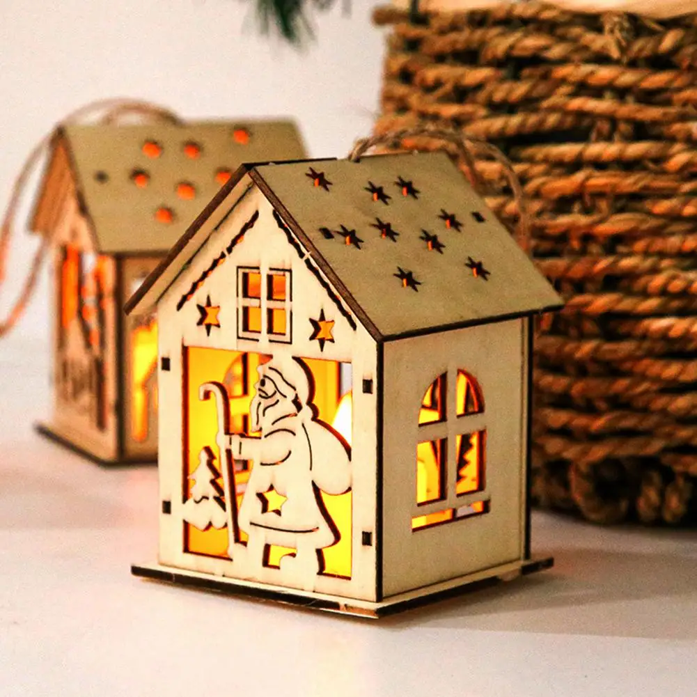 Christmas LED Wood House Ornaments Eco friendly Glowing Mini Personalize Illuminate Christmas Tree Pendant