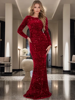 Romagic Elegant Women Modest Stretch Sequin Royal Blue Wedding Prom Gown Long Sleeves Mermaid Formal Evening Party Dress 2024 3