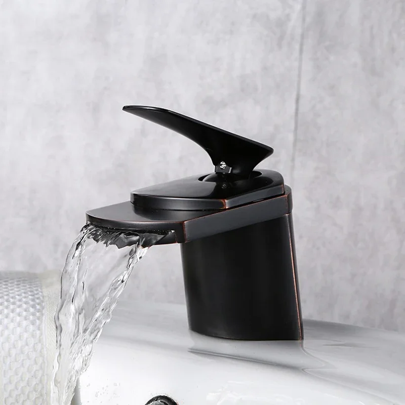 

Simple Basin Faucet Black Gold Chrome Brass Wide Mouth Waterfall Bathroom Tap Deck Mounted Mixer Hot and Cold Sink Faucets