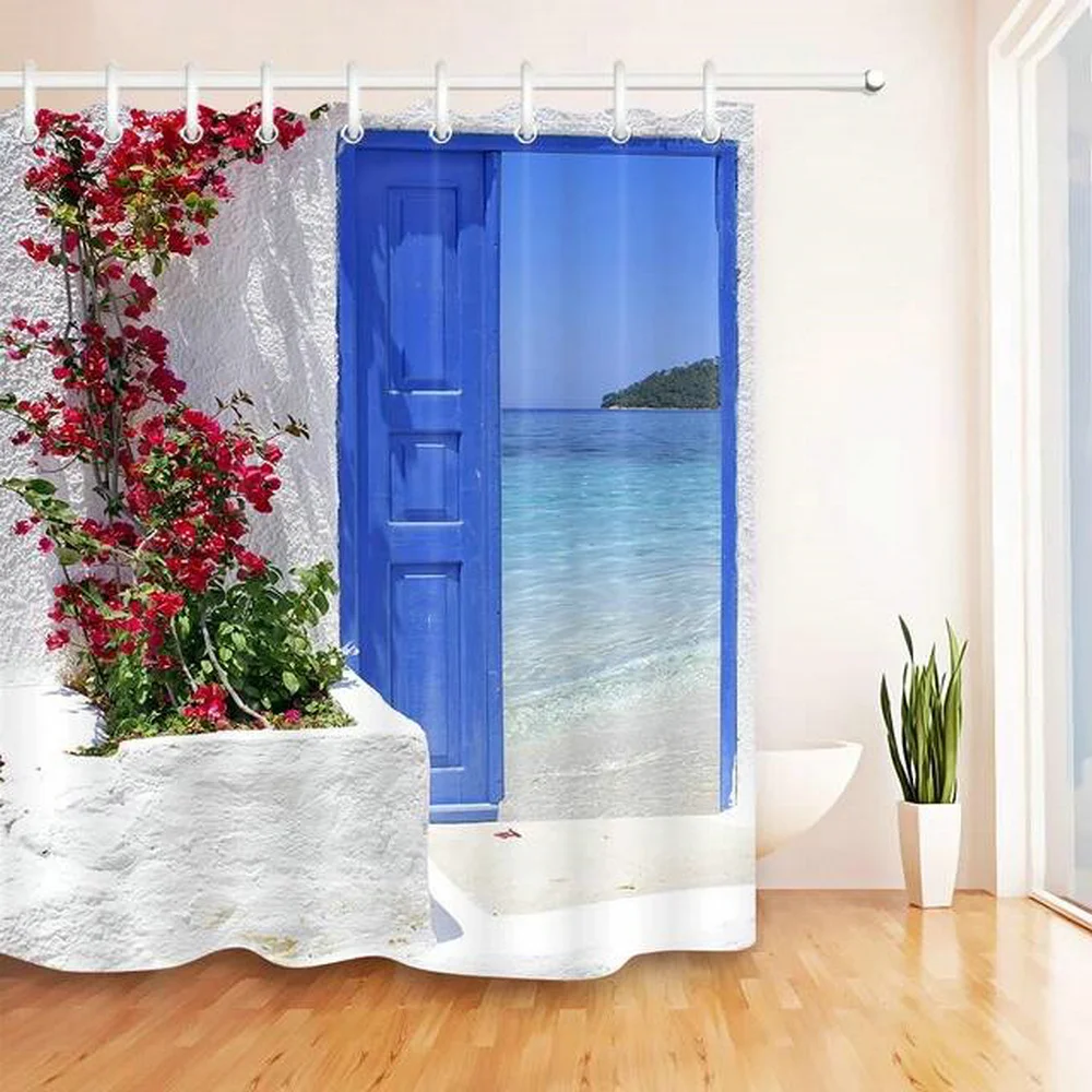 

Водонепроницаемые шторы для душа, дверь в греческом стиле с красными цветами, синяя, с видом на море на остров, Набор тканевых занавесок для ванной комнаты, домашний декор для ванны