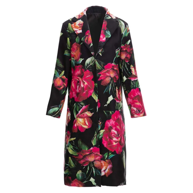 

2022 Luxury Designer Autumn Winter Balck Fashion Coat Women Long Sleeve Single-breasted Vintage Flower Print Outwear Overcoat