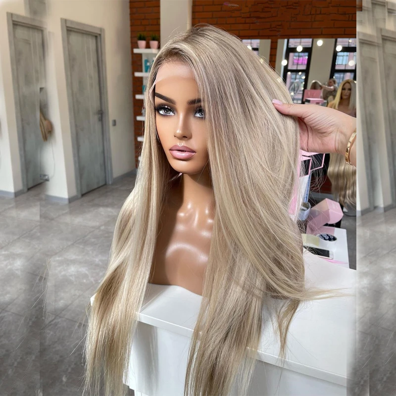 Ash Blonde Highlight Synthetic Lace Front Wigs 13x4 Highlights Colored Straight Wig Ashy Roots Blonde Wig For Women Daily Use
