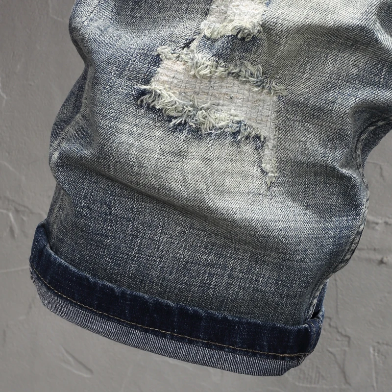 Fashion Vintage Men Jeans Patchwork Designer Retro Blue Elastic Slim Fit Ripped Short Jeans High Quality Casual Denim Shorts Men