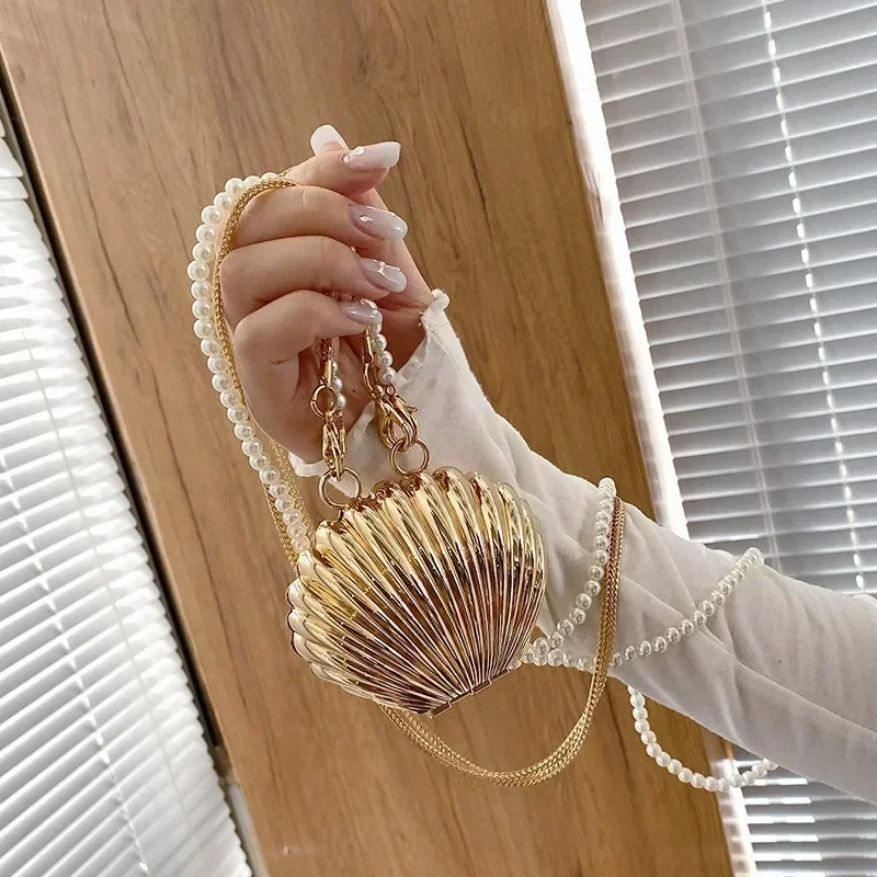 Summer Women Crossbody Lipstick Bags Fashion Pearl Mini Purse Gold Shell Shoulder