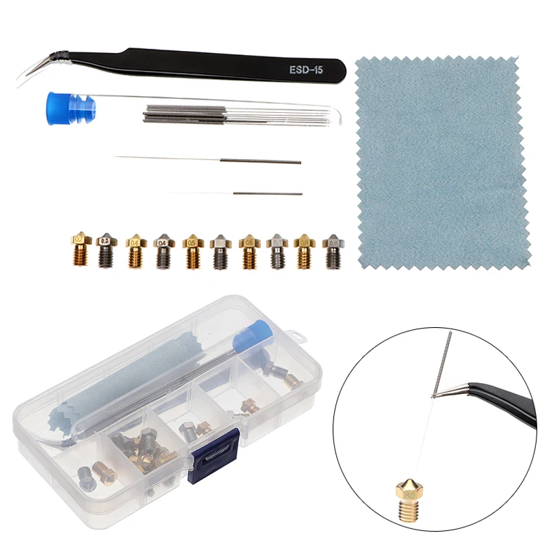 

25pcs 0.2/0.4/0.5/0.6/0.8mm Professional Printer Nozzle Extruder Nozzles Tweezers Cleaning Cloth Tool Set