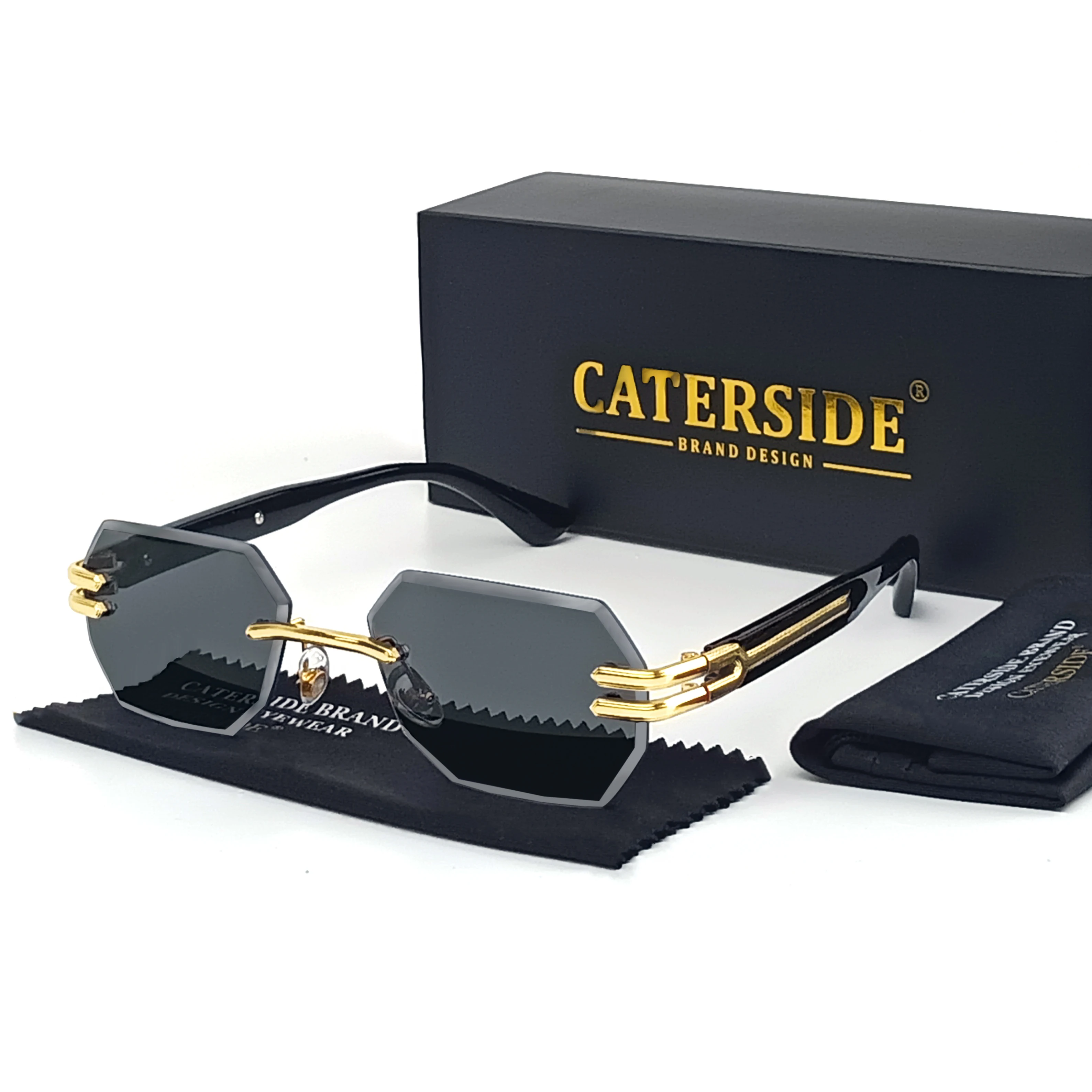 

Caterside Retro Frameless Sunglasses Men Polygonal Metal Frame Women Sun Glasses Business Outdoor Travel Gift Box Summer Style