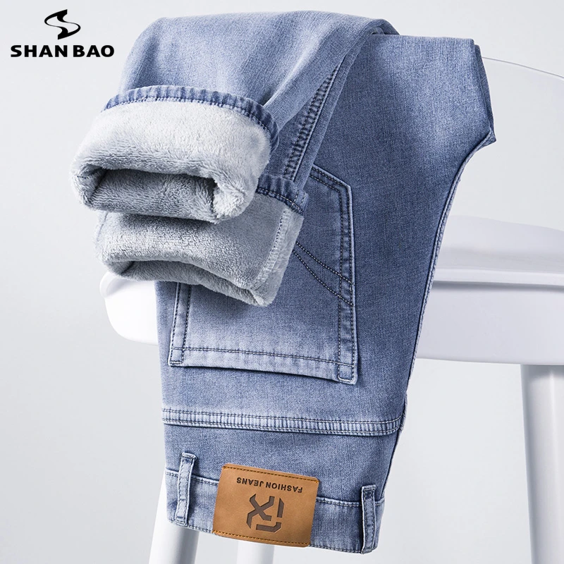 

SHAN BAO Fleece Thick Warm Winter Brand Fit Straight Jeans Classic Business Casual Trend Fashion Men's Slim Stretch Denim Jeans