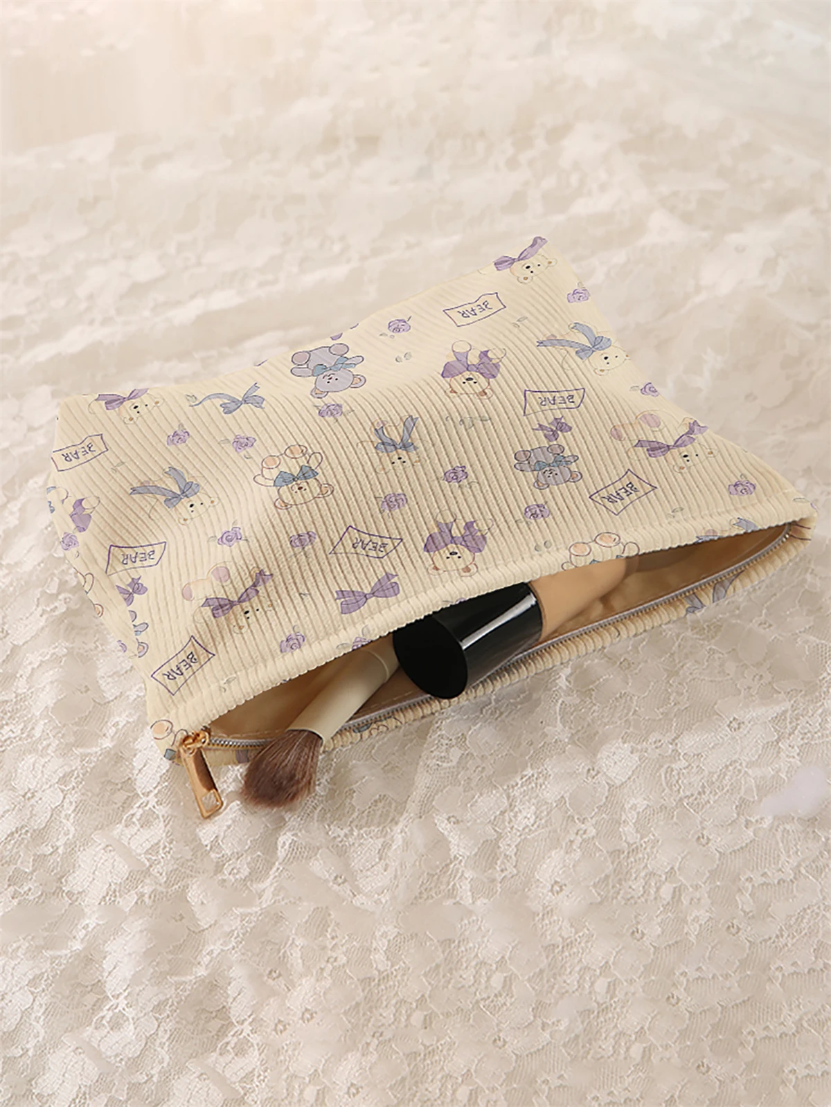1 cartoon bear pattern corduroy makeup bag, lightweight zipper makeup storage box, multifunctional bag with lining