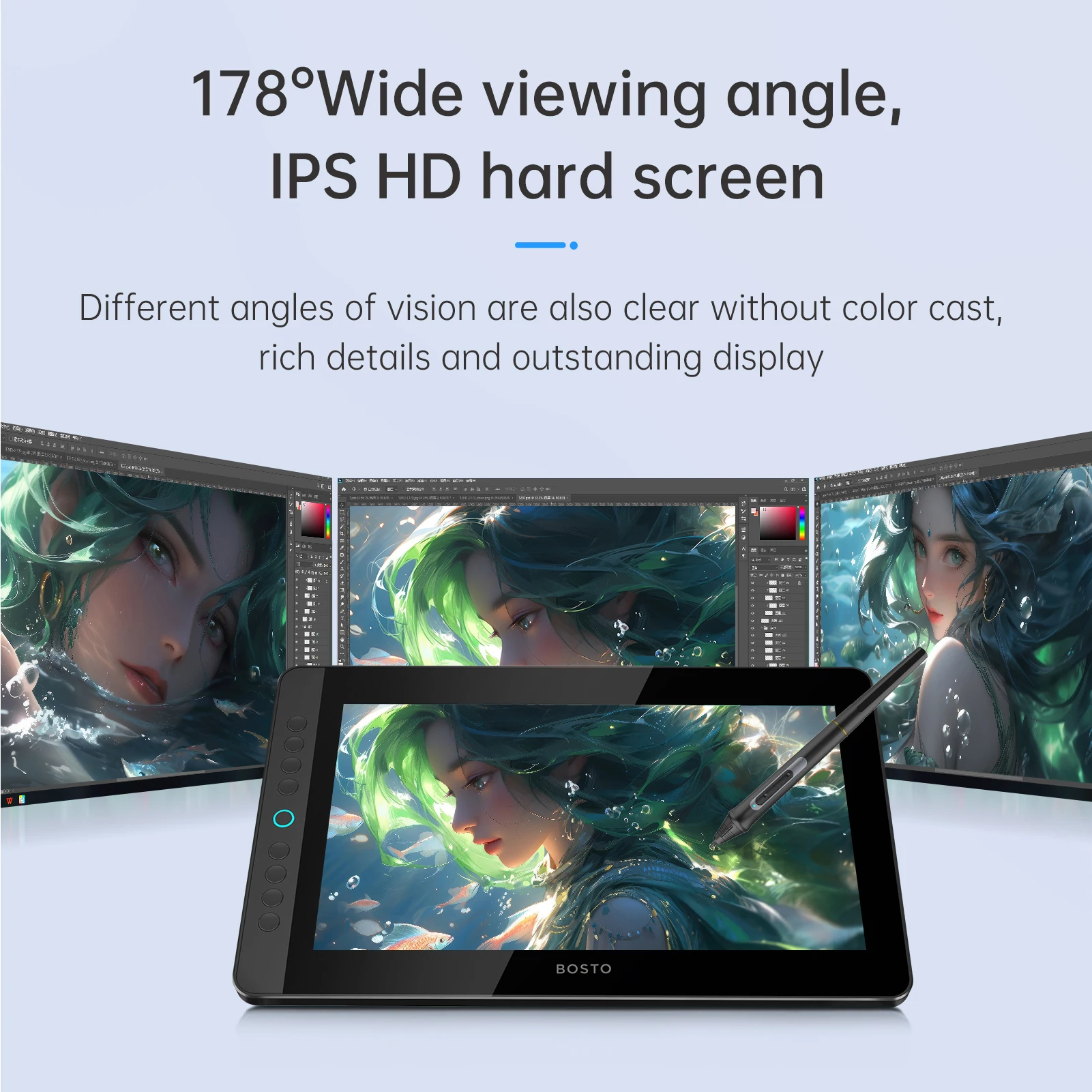BOSTO BT-13HDK 휴대용 그래픽 드로잉 태블릿, 눈부심 방지 H-IPS LED 스크린 디스플레이, 디지털 아트 드로잉 패드, 13.3 인치, 16K