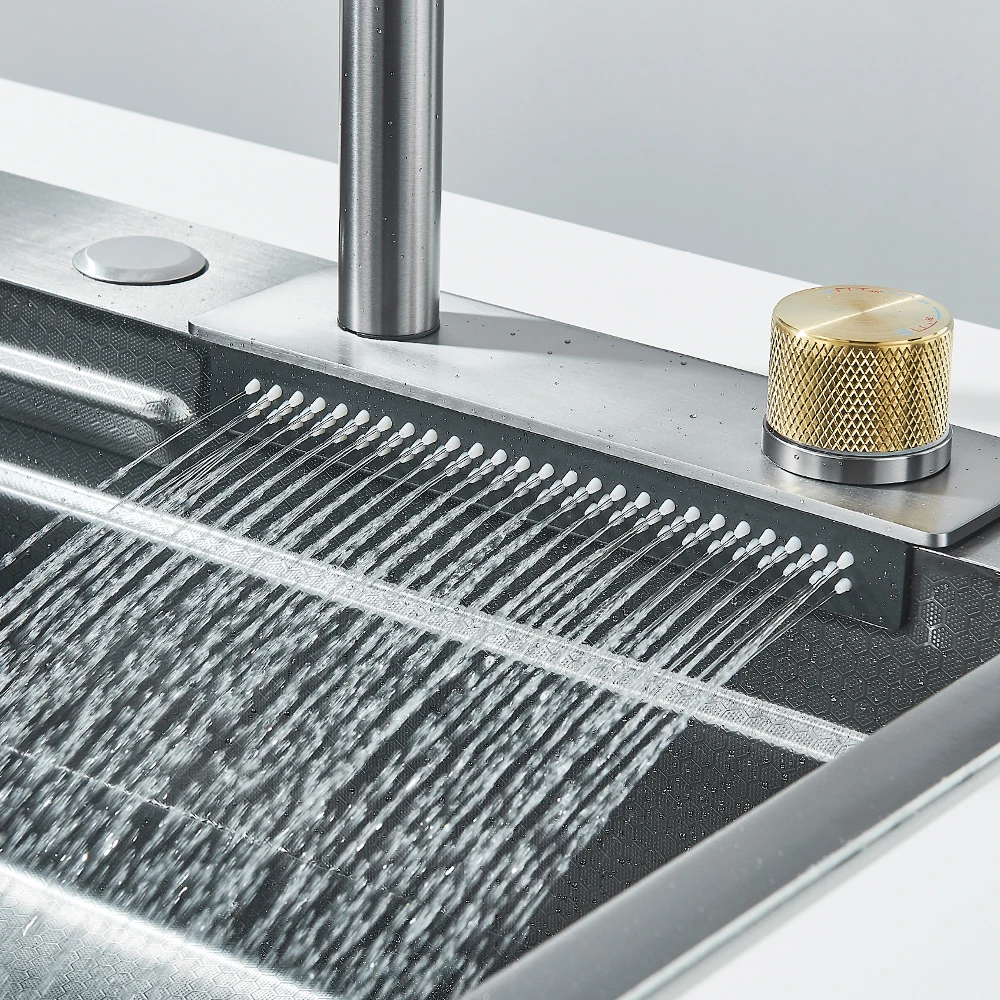 Waterfall Kitchen Sink 304 Stainless Steel Sink Large Single Basin with Chopping Board Cup Washer , Large Single Slot Sink 4
