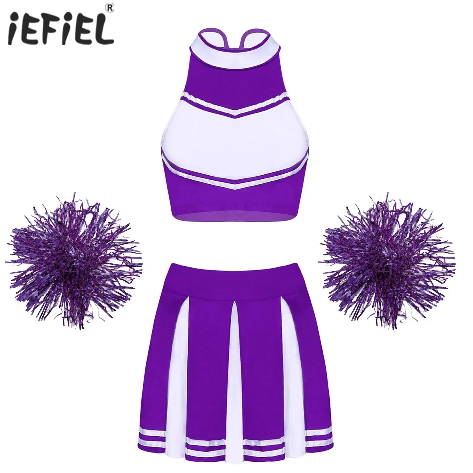 

Womens Cheerleading Cosplay Uniform Set Roleplay School Girls Costume Sleeveless Zipper Crop Top with Pleated Skirt Sets