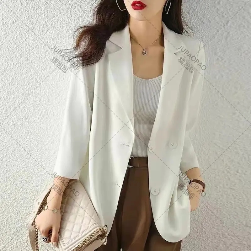 2023 new summer and autumn women's fashion Blazer double row button jacket office coat elegant slim coat Blazer simple