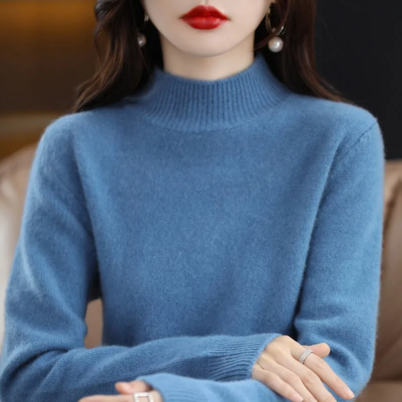

2023 Spring Autumn New Half High Neck Knit Sweater Women Solid Underlay Thin Loose Versatile Pullover Slouchy Style Sweaters