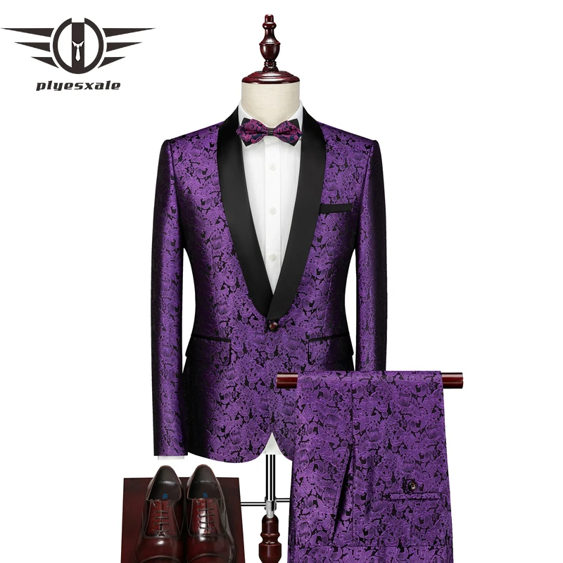 

Plyesxale Luxury Purple Groom Wedding Man Suit Jacket Slim Fit Suits For Men Two Piece Floral Veste Homme Costumes M-6XL Q1010