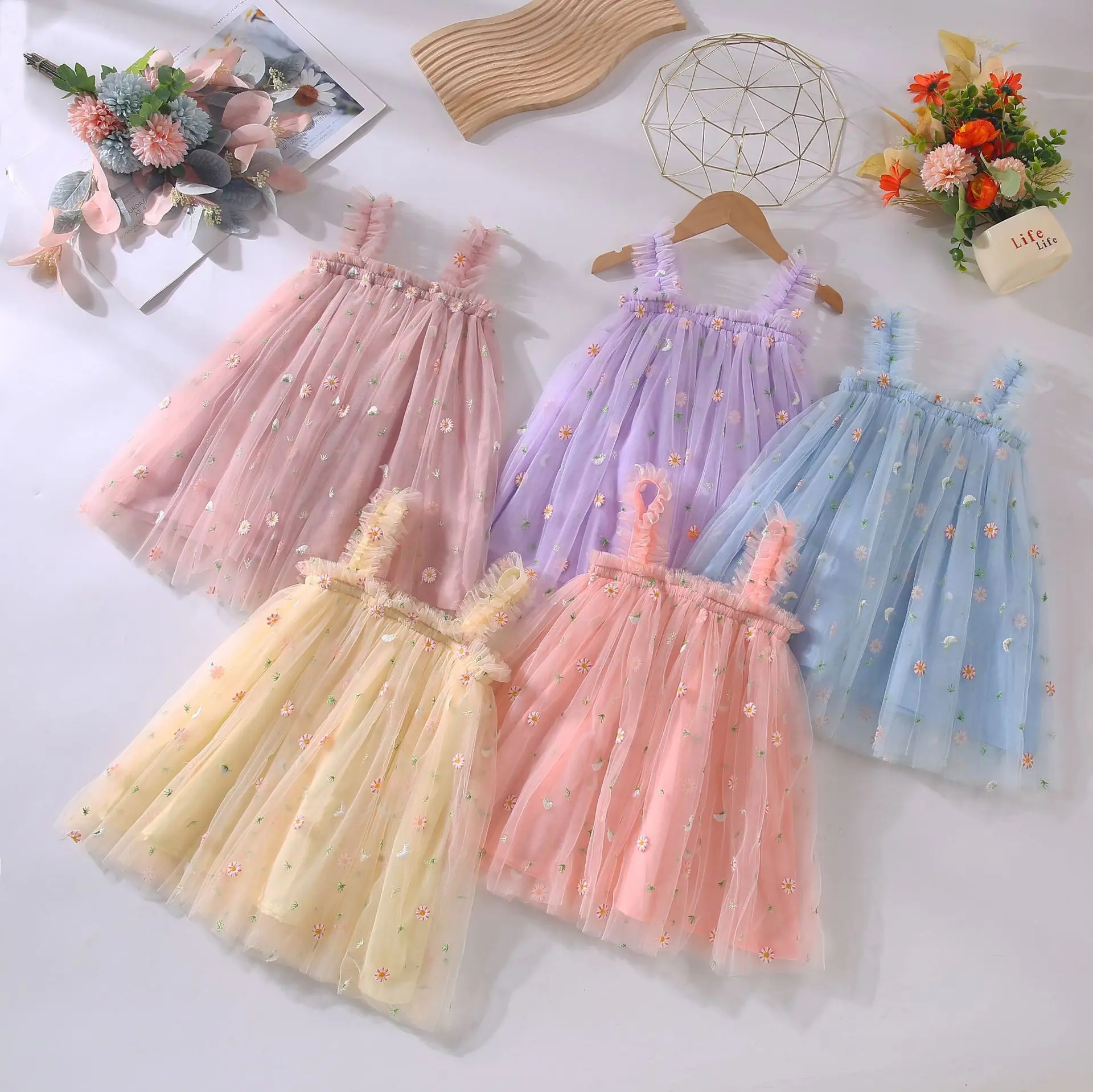 Baby Girls Tutu Dress Kids Summer Mesh Clothes Flower Embroidery Girl Toddler Tulle Dress Party Princess