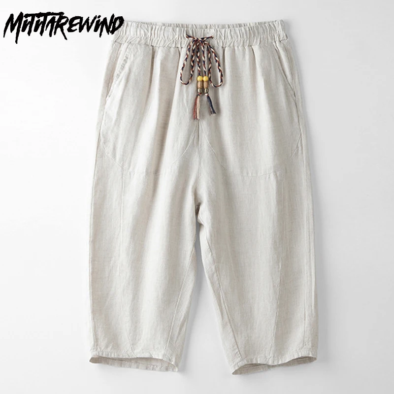 

Summer 100% Linen New Mens Pants Outdoor Casual Beach Shorts Baggy Drawstring Knee Length Pants Fashion Harajuku Men Short Pant