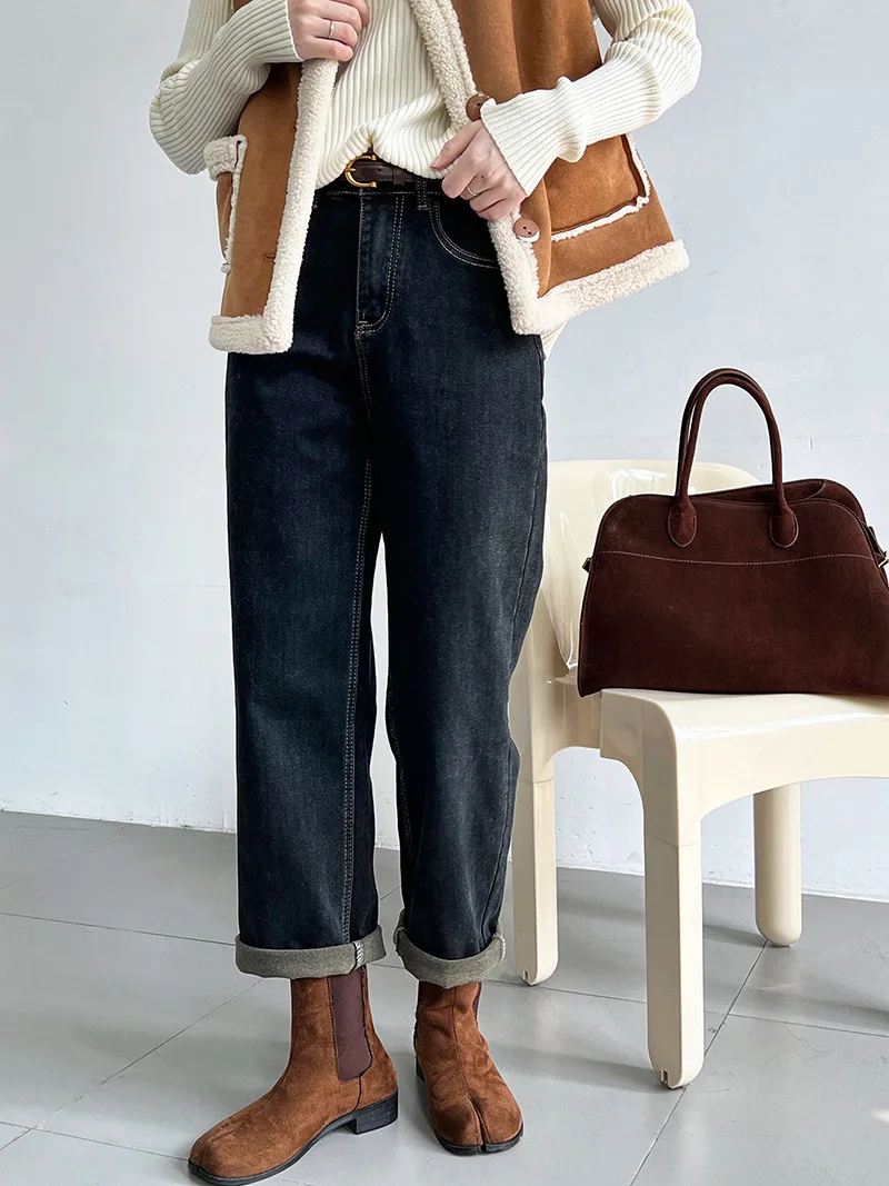 

Vintage Distressed Lined Straight Leg Jeans for Women, 2023 Autumn Winter High-Waisted Cigarette Denim Pants Dad Jeans