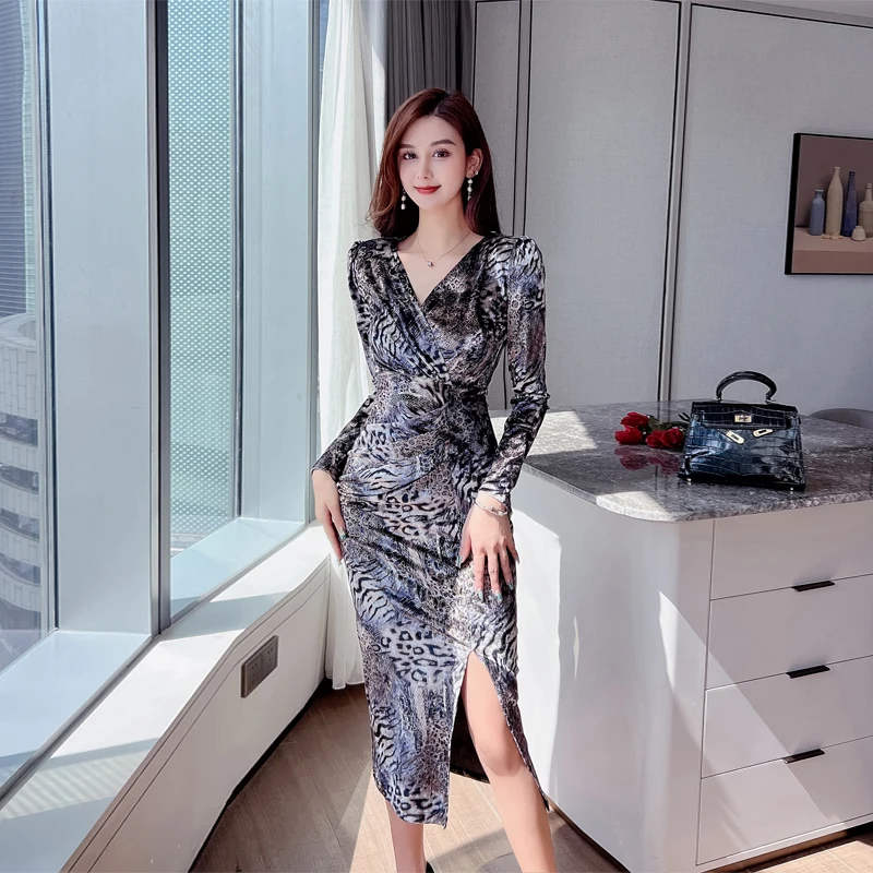 

Long Sleeves Women's Vintage Dress 2022 New Hit V Neck Leopard Print Elegant Hip Wrap Woman Clothes Dresses Korean Fashion Black