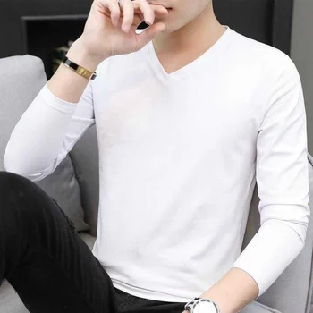 남성용 아이스 실크 긴팔 티셔츠, 퓨어 컬러 브이넥 언더셔츠, 화이트 의류, 트렌디 이너 탑, 보터밍 셔츠, 가을, 겨울, 신상