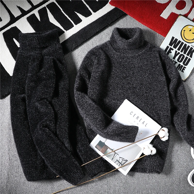Mink Fur Turtleneck Sweater Men's Thickened Winter Keep Warm Pure Color Knitwear Men's Fashion