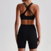 Solid Color High Waist Gym Yoga Short Legging Set Tight Women Cross Back High Impact Shoulder Strap Fitness Bra Top Sportwear