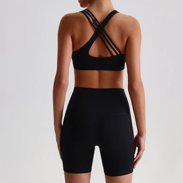 51256-37f5c0.jpg Solid Color High Waist Gym Yoga Short Legging Set Tight Women Cross Back High Impact Shoulder Strap Fitness Bra Top Sportwear