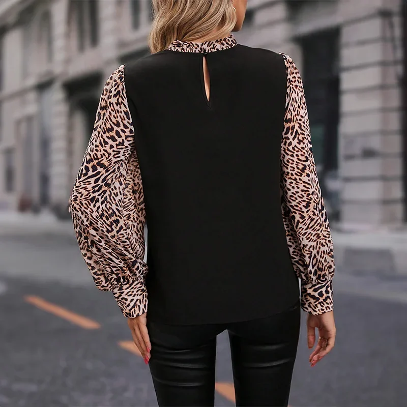 2024 New Women's Leopard Lantern Sleeve Pullovers Shirts Fashion Spring Autumn Office Lady O Neck Tops Patchworn Tees NASY0011