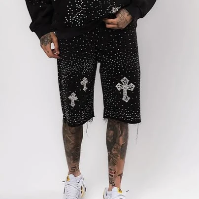 Vintage Black Cross Rhinestone Sequin Denim Shorts Y2K Jeans Mens Womens Hip Hop Rhinestone Baggy Shorts Casual Basketball Short