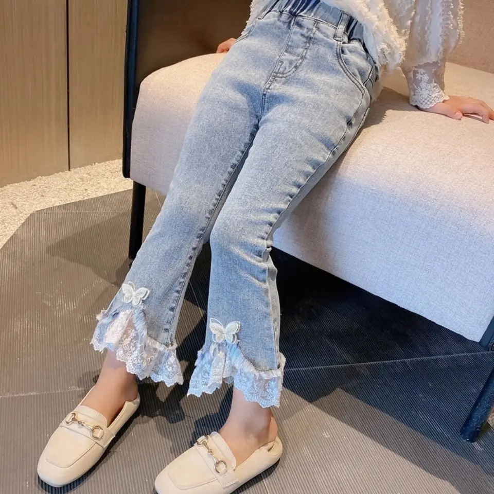 

2-10T Children's Micro-Flare Jeans Women's Spring and Autumn High Waist Stretch Straight Pants Schoolgirls' Raw Edge Slim Pants
