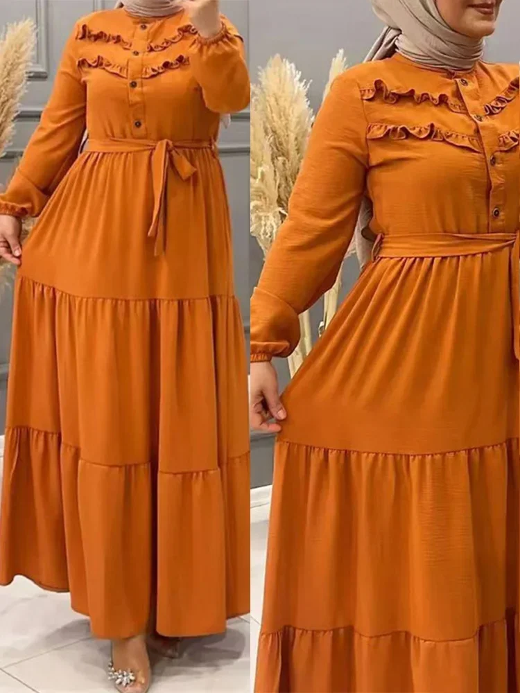 Elegant Vestidos Eid Muslim Women Loose Belt Dress Abaya Party Dresses Ramadan Dubai Arab Turkey