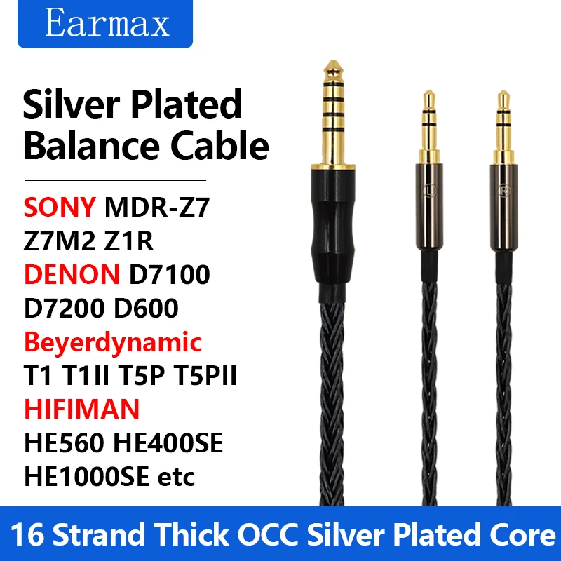 

For Sony Denon MDR-Z7 Z1R D7100 D7200 D600 Earphones Replaceable 16 Strand 4.4mm 2.5mm Black Balanced OCC Silver Plated Cable