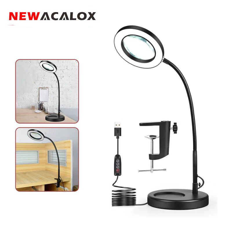 

NEWACALOX 5X Magnifying Glass LED Light Round Chassis DeskTable Clamp 2 in 1 Welding Lamp for Reading Working Illumination Tool