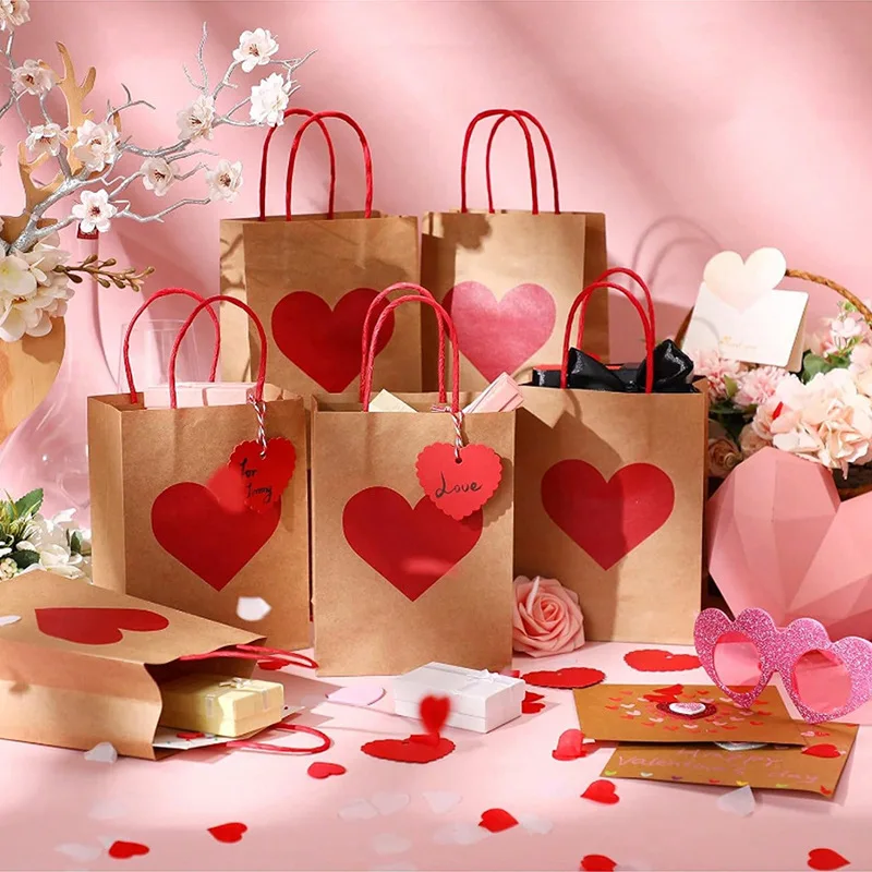 10Pcs Red Heart Kraft Paper Candy Gift Packing Bag with Tag Shopping Tote Bag for Valentine's Day Wedding Party Decor Supplies