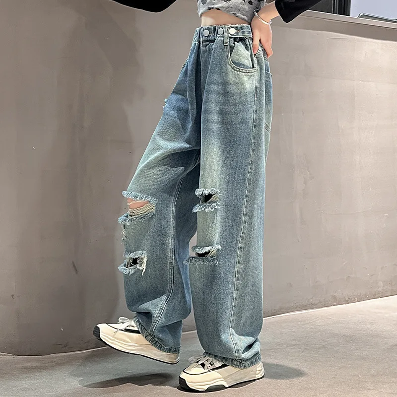 Girls Vintage Ripped Jeans for Fashion High Waist 2024 Spring Autumn Broken Hole Wide Leg Pants Kids Teen Denim Trousers 5-14Yrs