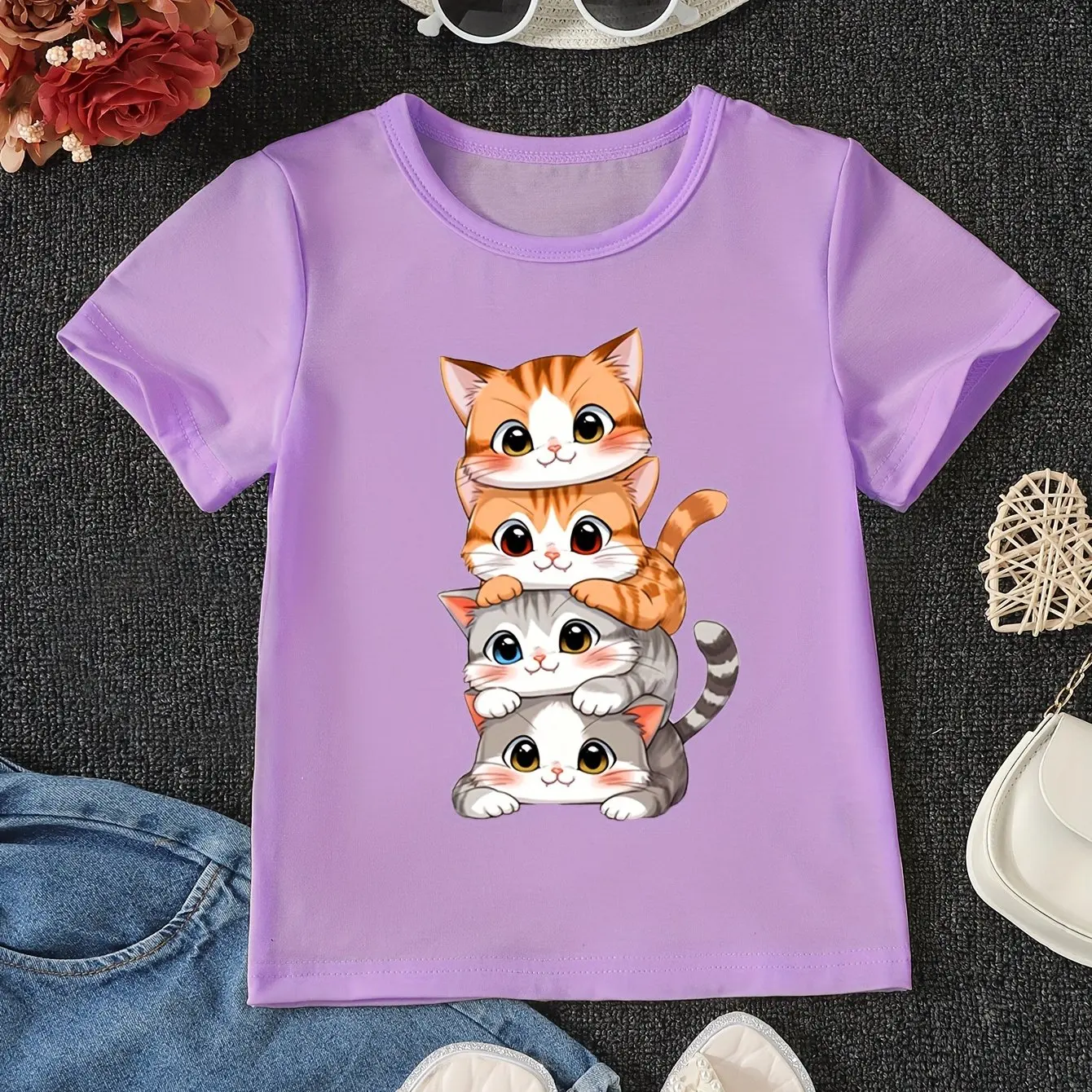 Cute Anime Cat Pattern Printed Girls Cotton T-Shirt Summer Kids Short Sleeve T-Shirt Pajamas Comfortable Soft Fabrics 3
