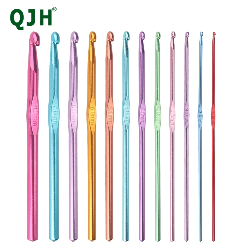 QJH 12 pcs Multicolor Aluminum Crochet Hooks Knitting Needles Craft Yarn  2-8.0mm 15cm Length