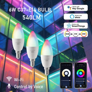 1-10PCS Tuya WiFi Bluetooth E14 Smart Bulb RGBCW 85-265V 6W LED Lamp C37 Light Bulbs App Voice Control Support Alexa Google Home