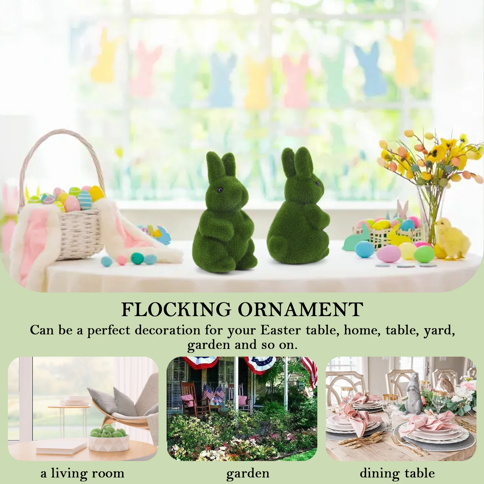 2Pcs Flocking Bunny Statue Flocked Animal Statue Decorative Fake Green Moss Rabbit Decoration Cute for Patio Garden Yard
