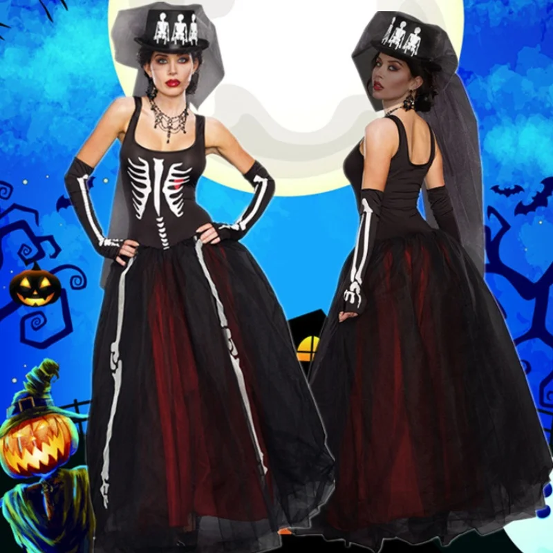 

2024 New Halloween Costume, COS Ghost Festival Skull White Corpse Bride Dress, Cosplay Stage Performance Dress, Horror