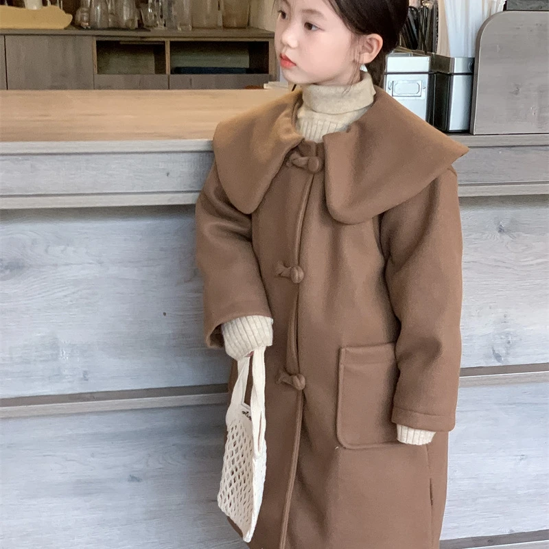 

Girls Woolen Coat Overcoat Jacket Windbreak 2023 Long Warm Plus Thicken Winter Cotton Tracksuit Sport Children's Clothing