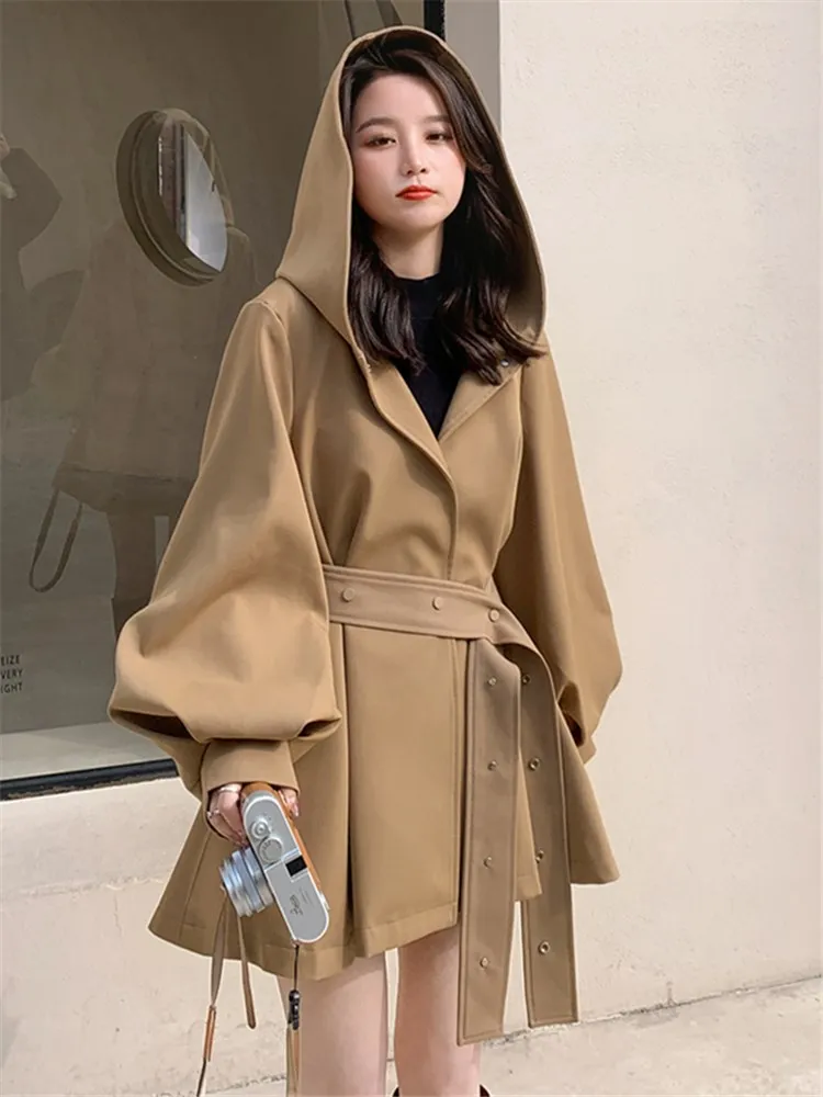 

Women Khaki Cloak Windbreaker 2022 Autumn Women Vintage Elegant Puff Sleeve Loose Casual Korean Style Trench Coat Jacket 8153