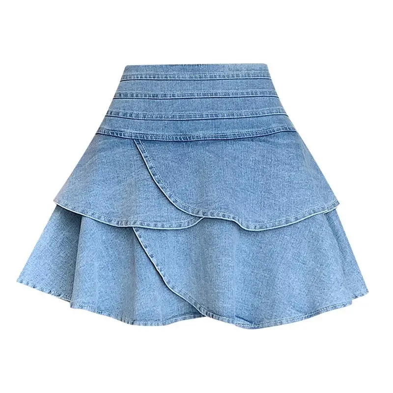 Denim Short Skirt Ruffled High Waist Slim Cake Skirt Women Summer 2024 New Korean Style Versatile Short Skirt Skirt
