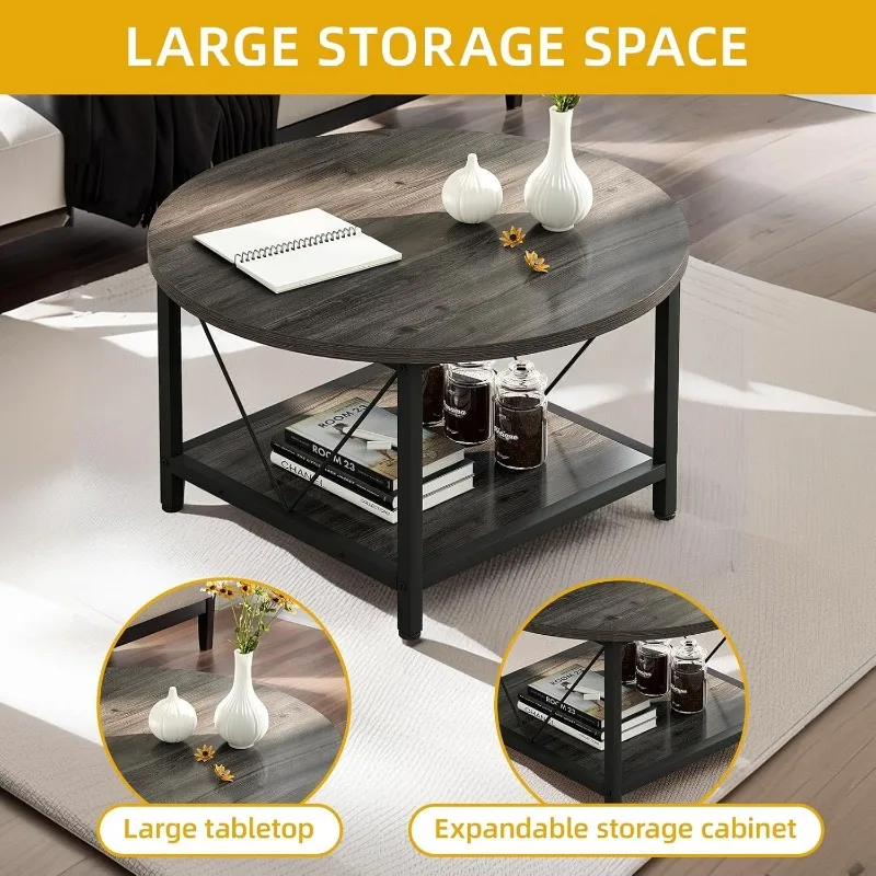 Round Coffee Table,  2 Tier Circle Table with Open Storage Shelf, Rustic Wood Coffee Table with Metal Frame, Easy Assembly 4