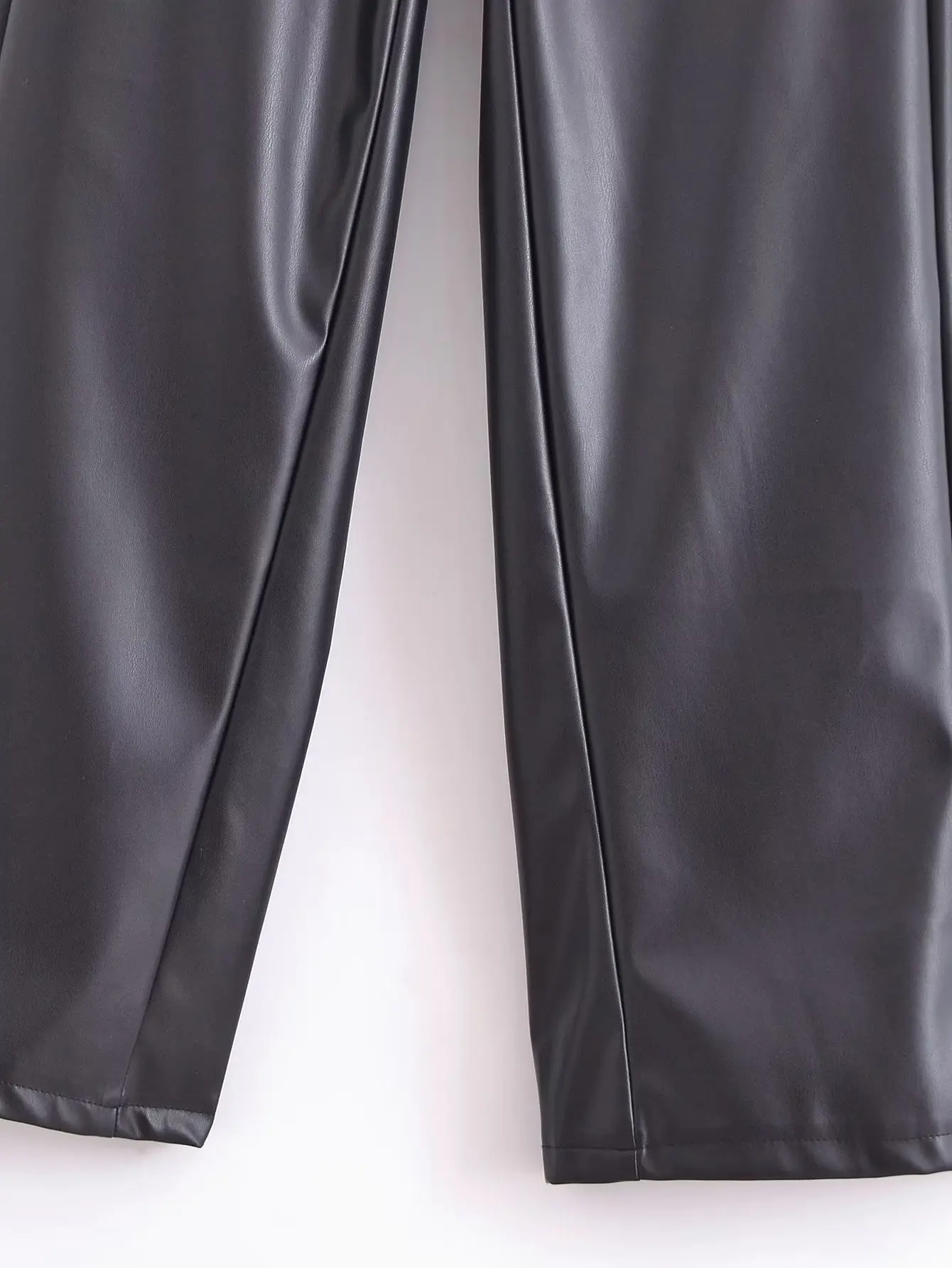 Dave&Di Fashion Girl High Street Leather Pants Women High  Loose Wide Leg Waist Pants Female Winter Trousers