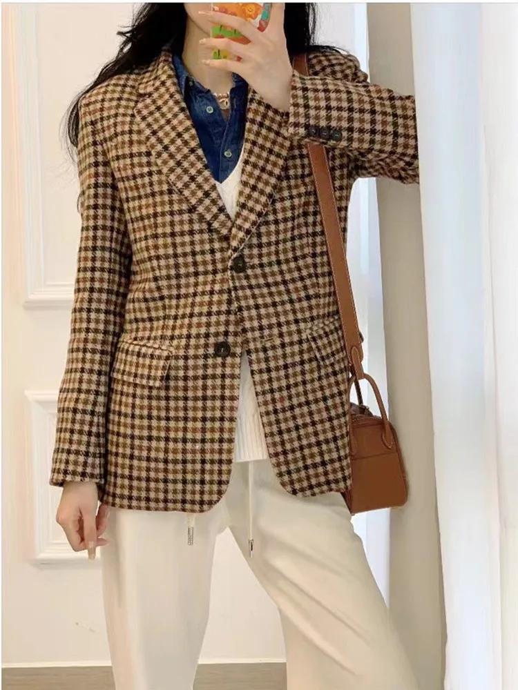 

Autumn 2023 Women Houndstooth Suit Coat Vintage Single Breasted Wool Blends Long Sleeve Elegant Fashion Office Lady Blazer
