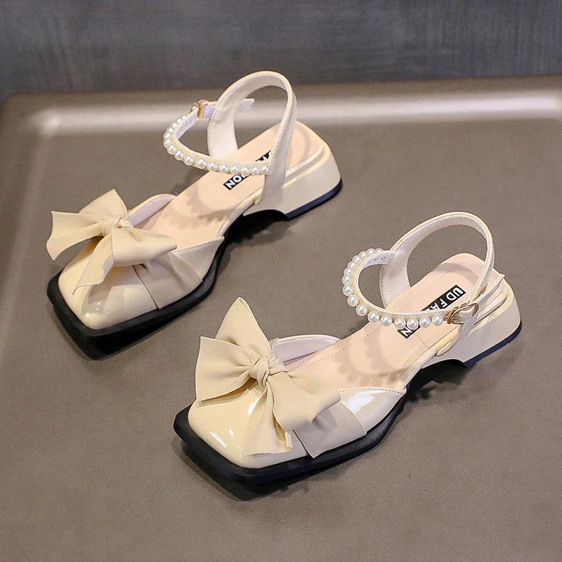 

Сандалии Baotou женские с бантом, босоножки на толстом каблуке, Нескользящие, в стиле ретро, Кожаные Туфли Мэри Джейн, лето 2024